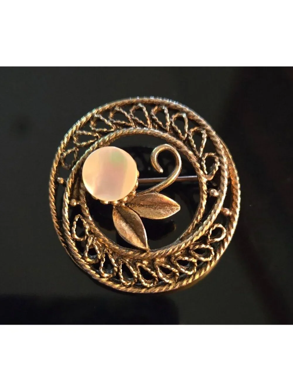 Vintage Gold-Tone Round Filigree Brooch With Leaf & Mother-Of-Pearl Accent Pin